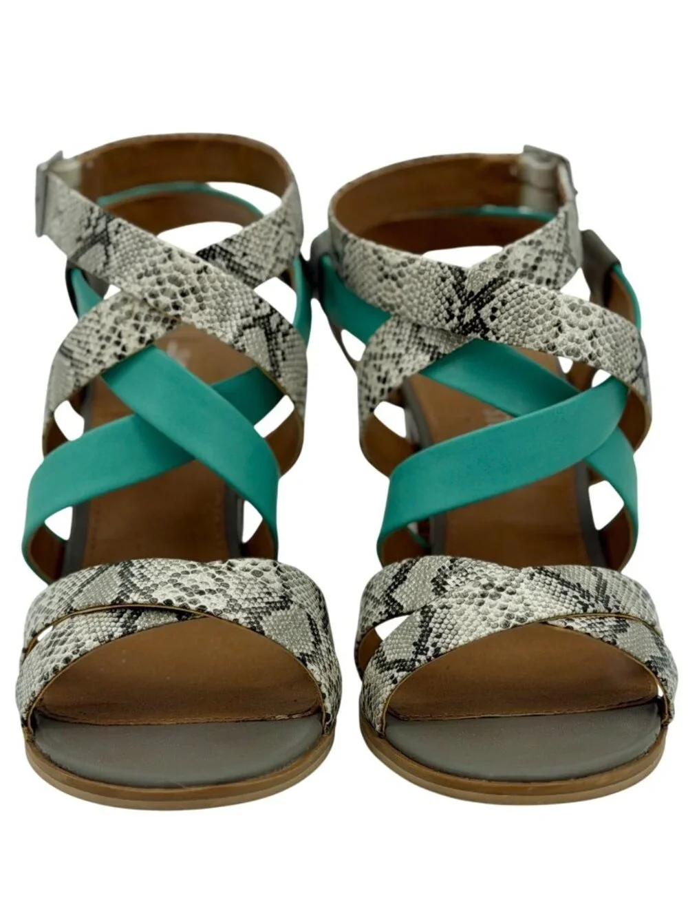 Leila Stone Seafoam Green Snake Print Strappy Heeled Sandals 9.5 | Indie Sleaze - Picture 2 of 16